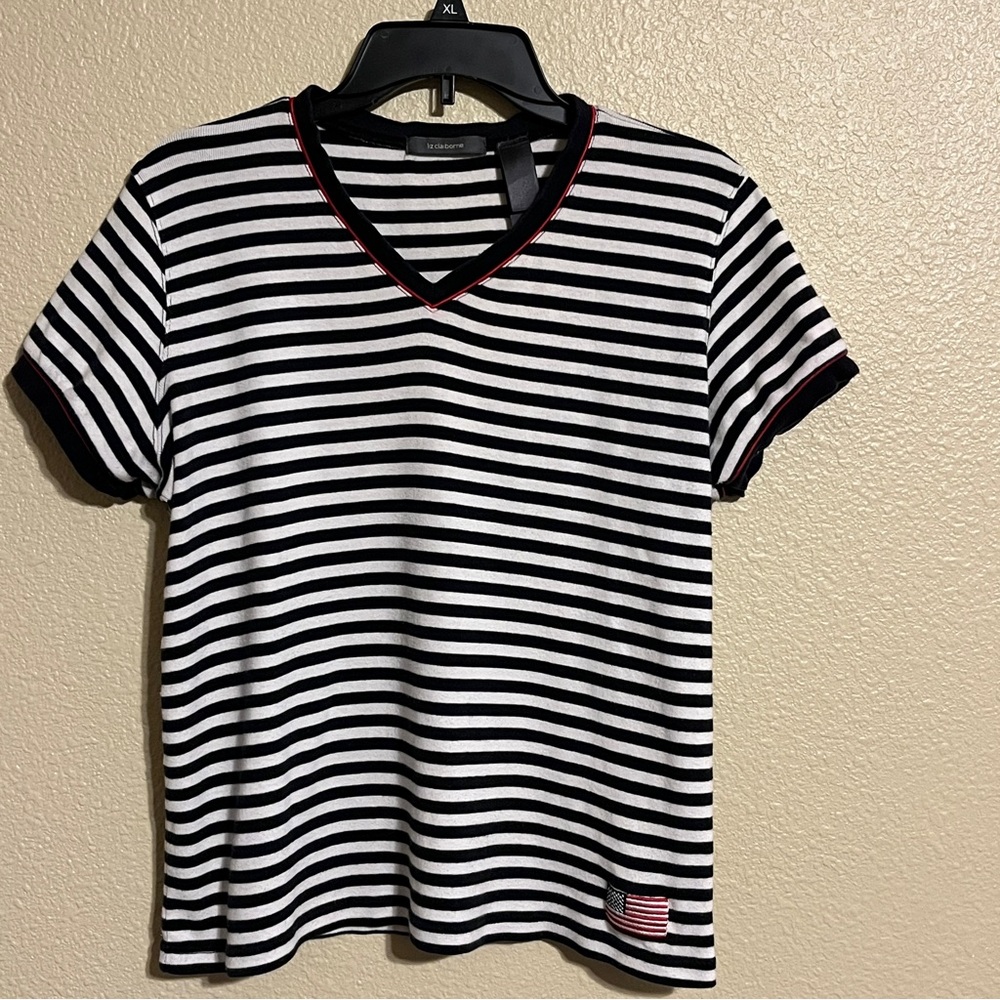 Liz Claiborne Women’s L Navy Blue & White Striped V-Neck Top